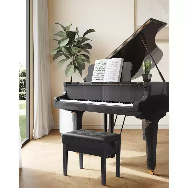 Sgabello/Panca per pianoforte regolabile in legno con vano porta spartiti, colore nero