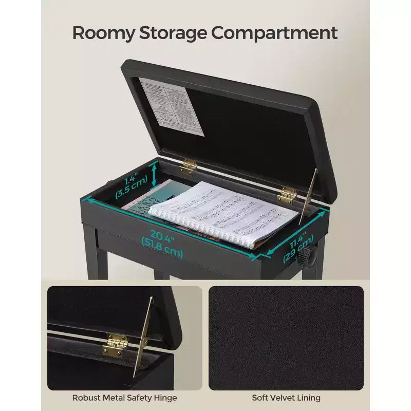 Sgabello/Panca per pianoforte regolabile in legno con vano porta spartiti, colore nero