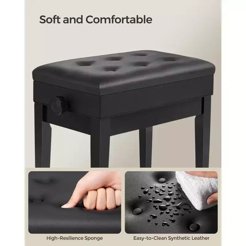 Sgabello/Panca per pianoforte regolabile in legno con vano porta spartiti, colore nero