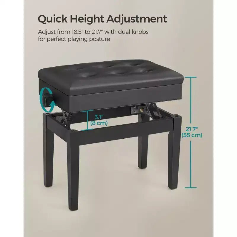 Sgabello/Panca per pianoforte regolabile in legno con vano porta spartiti, colore nero
