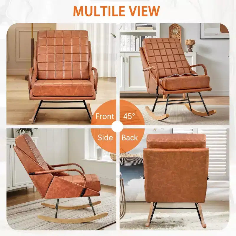 Sedia a dondolo in similpelle imbottita/tessuto Teddy, dondolo reclinabile moderno con sedile imbottito, base sicura in legno massello bianco/marrone