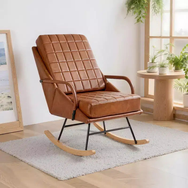 Sedia a dondolo in similpelle imbottita/tessuto Teddy, dondolo reclinabile moderno con sedile imbottito, base sicura in legno massello bianco/marrone