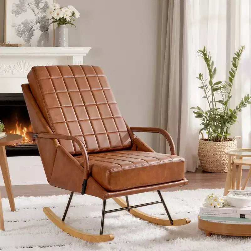 Sedia a dondolo in similpelle imbottita/tessuto Teddy, dondolo reclinabile moderno con sedile imbottito, base sicura in legno massello bianco/marrone