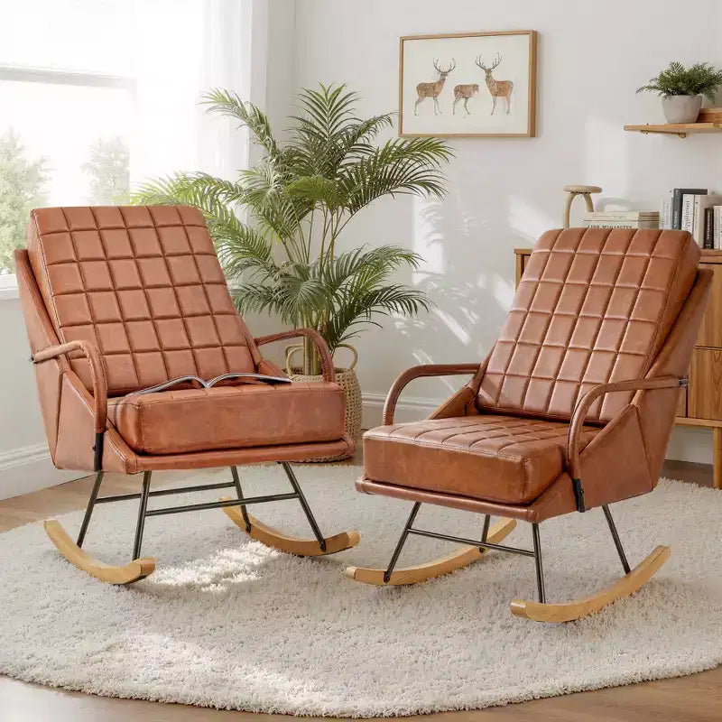 Sedia a dondolo in similpelle imbottita/tessuto Teddy, dondolo reclinabile moderno con sedile imbottito, base sicura in legno massello bianco/marrone
