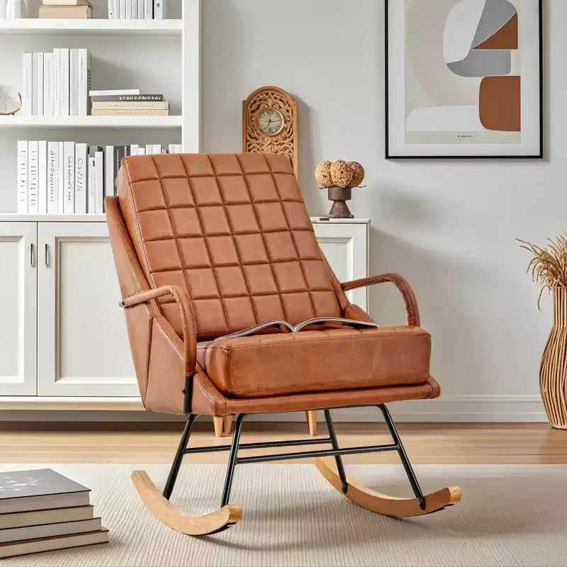 Sedia a dondolo in similpelle imbottita/tessuto Teddy, dondolo reclinabile moderno con sedile imbottito, base sicura in legno massello bianco/marrone