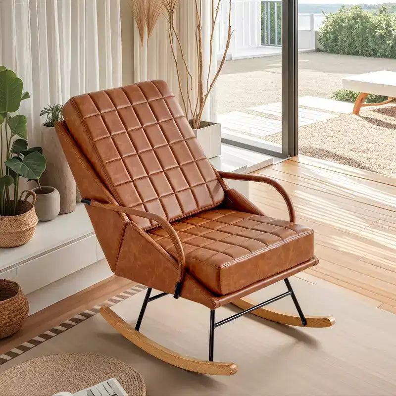 Sedia a dondolo in similpelle imbottita/tessuto Teddy, dondolo reclinabile moderno con sedile imbottito, base sicura in legno massello bianco/marrone