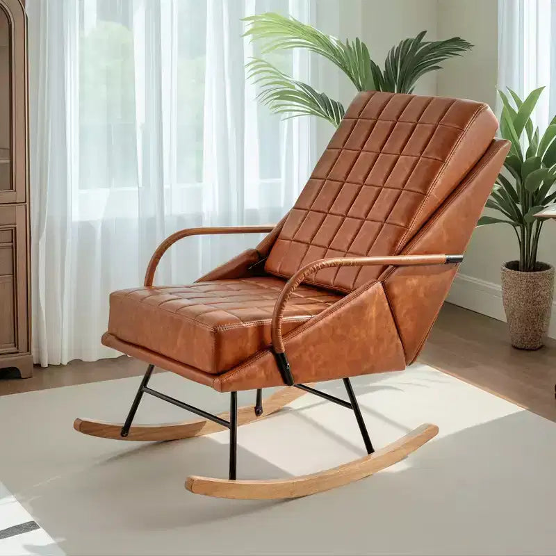 Sedia a dondolo in similpelle imbottita/tessuto Teddy, dondolo reclinabile moderno con sedile imbottito, base sicura in legno massello bianco/marrone