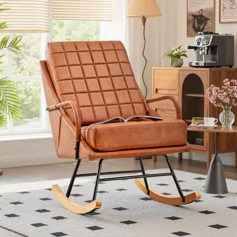 Sedia a dondolo in similpelle imbottita/tessuto Teddy, dondolo reclinabile moderno con sedile imbottito, base sicura in legno massello bianco/marrone