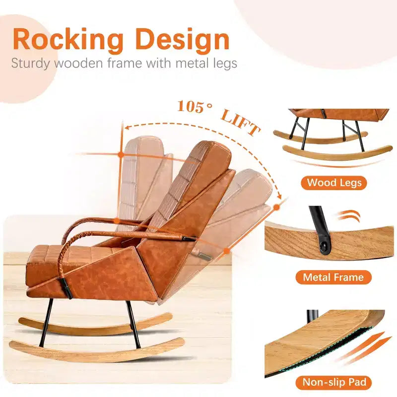 Sedia a dondolo in similpelle imbottita/tessuto Teddy, dondolo reclinabile moderno con sedile imbottito, base sicura in legno massello bianco/marrone