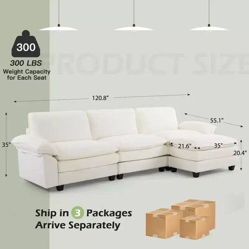 Divano Sezionale da 306,8 cm, Divano a L Convertibile, Divani Imbottiti con Pouf Movibile per Salotto e Ufficio, Beige