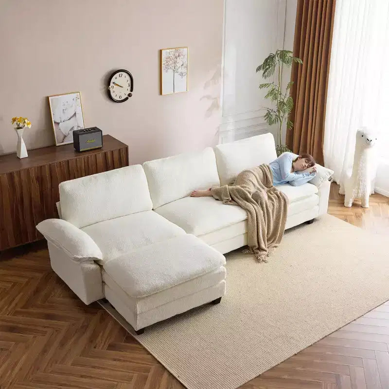 Divano Sezionale da 306,8 cm, Divano a L Convertibile, Divani Imbottiti con Pouf Movibile per Salotto e Ufficio, Beige