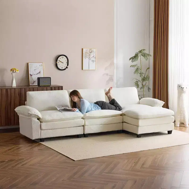 Divano Sezionale da 306,8 cm, Divano a L Convertibile, Divani Imbottiti con Pouf Movibile per Salotto e Ufficio, Beige