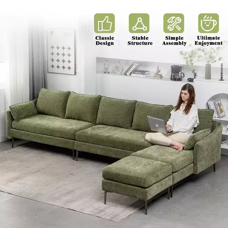 Divano componibile a U, divano componibile in ciniglia con pouf per soggiorno, verde