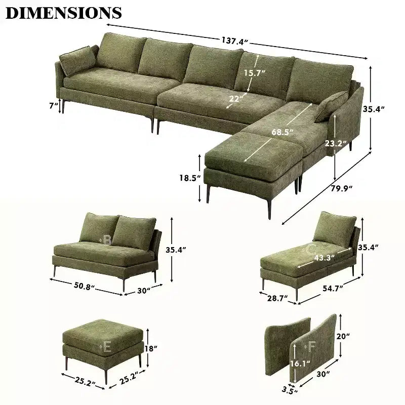 Divano componibile a U, divano componibile in ciniglia con pouf per soggiorno, verde