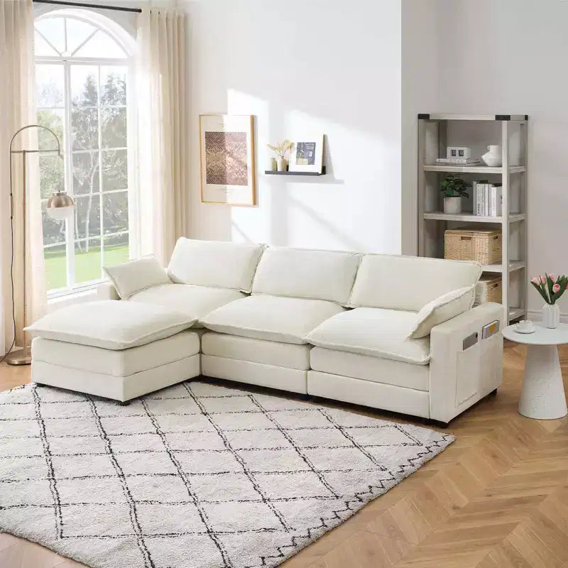 Divano a 3 posti in velluto comfort, divano lungo a L, seduta profonda con poggiapiedi, adatto per camera da letto, soggiorno e studio