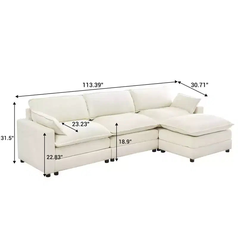 Divano a 3 posti in velluto comfort, divano lungo a L, seduta profonda con poggiapiedi, adatto per camera da letto, soggiorno e studio