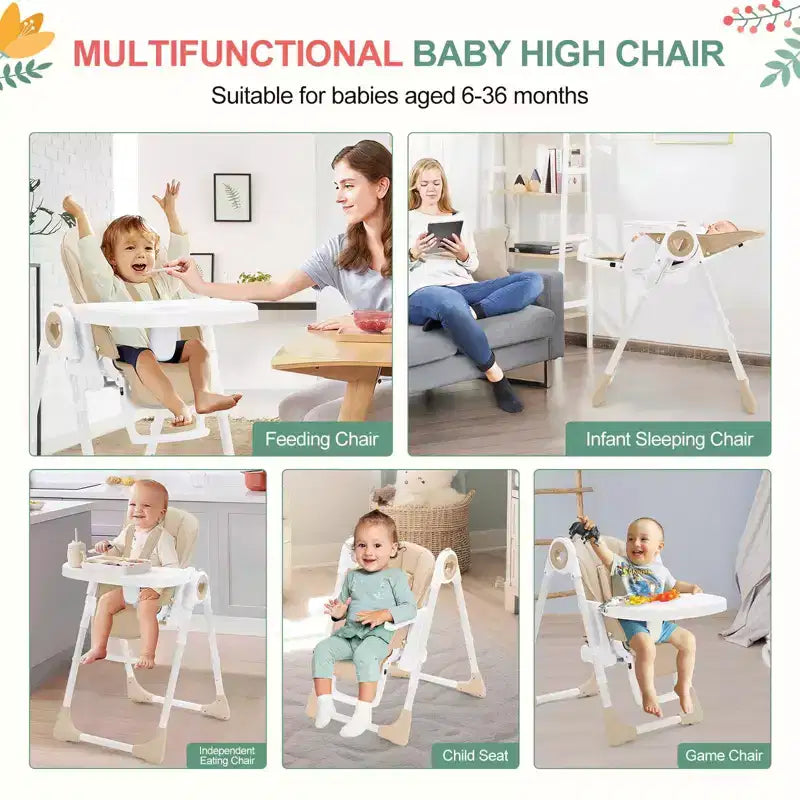 Seggiolone per neonati e bambini con altezza e poggiapiedi regolabili, seggiolone pieghevole con schienale reclinabile in 5 posizioni