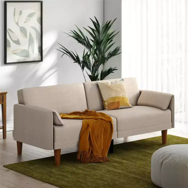 Divano letto futon 3 posti Markham con 2 cuscini integrati, trama a cesto sabbia