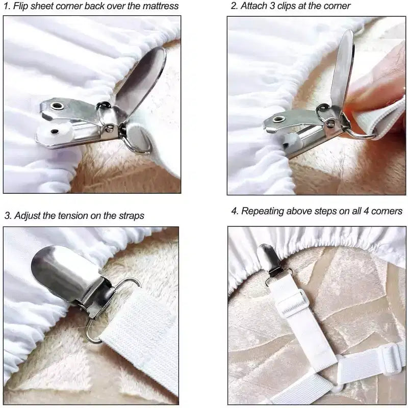 Cinghie Tenditela per Lenzuola con Angoli, Tenditeli Lenzuola con Angoli, Fermagli per Lenzuola – Bianco, Confezione da 4