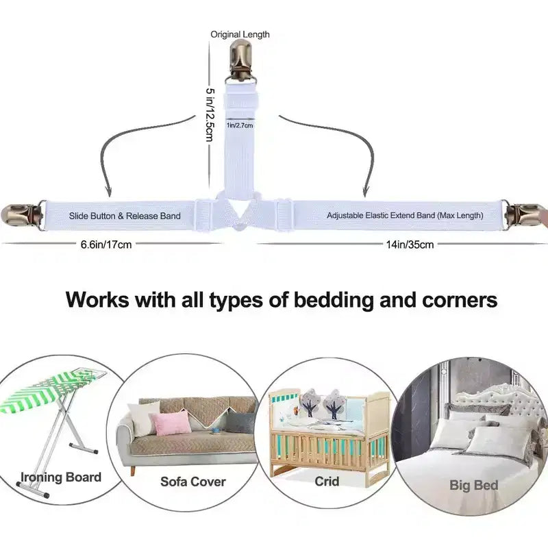 Cinghie Tenditela per Lenzuola con Angoli, Tenditeli Lenzuola con Angoli, Fermagli per Lenzuola – Bianco, Confezione da 4