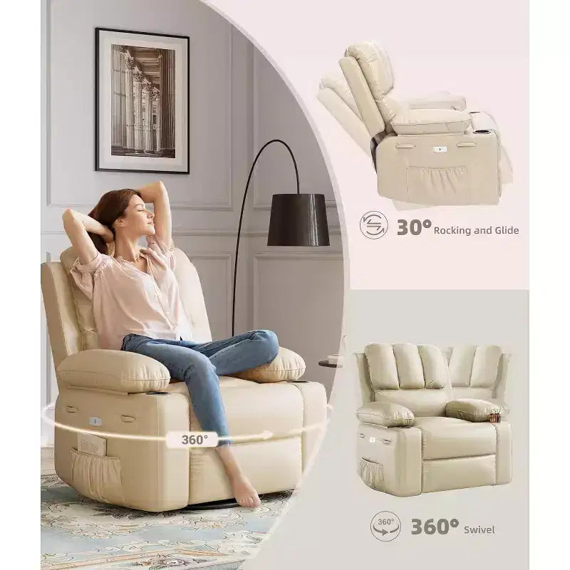 Poltrona Reclinabile Girevole a Dondolo in Similpelle per Adulti con Telecomando, Portabicchieri, Poltrona Relax per Soggiorno, Camera da Letto, Cameretta