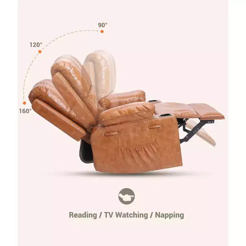 Poltrona reclinabile in pelle da 27'', oversize, imbottita, manuale, con portabicchieri e tasche laterali, per soggiorni, peso massimo 180 kg
