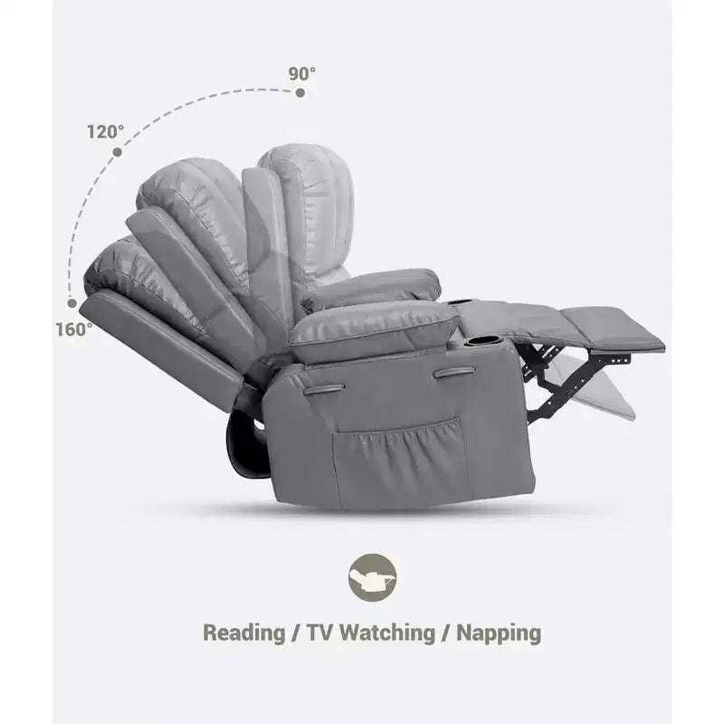 Poltrona reclinabile in pelle da 27'', oversize, imbottita, manuale, con portabicchieri e tasche laterali, per soggiorni, peso massimo 180 kg