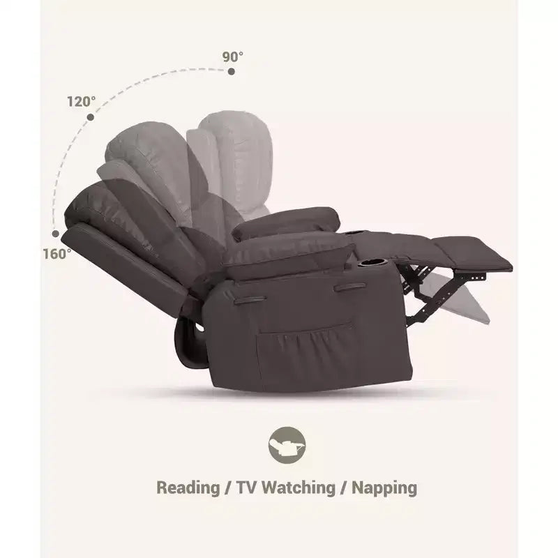 Poltrona reclinabile in pelle da 27'', oversize, imbottita, manuale, con portabicchieri e tasche laterali, per soggiorni, peso massimo 180 kg