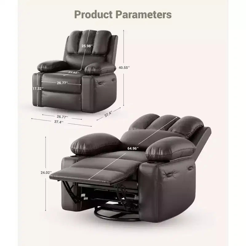 Poltrona reclinabile in pelle da 27'', oversize, imbottita, manuale, con portabicchieri e tasche laterali, per soggiorni, peso massimo 180 kg