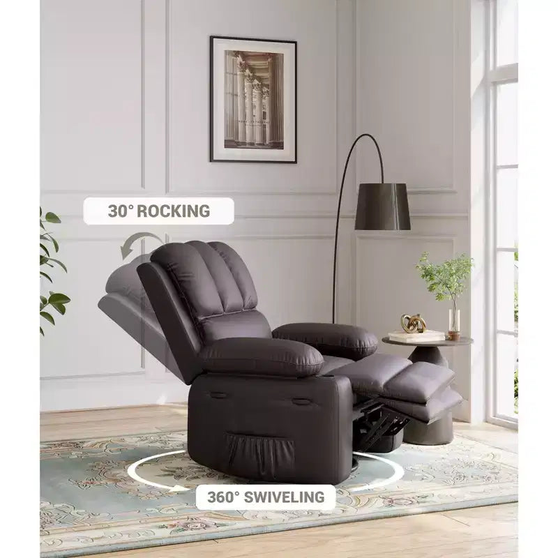 Poltrona reclinabile in pelle da 27'', oversize, imbottita, manuale, con portabicchieri e tasche laterali, per soggiorni, peso massimo 180 kg