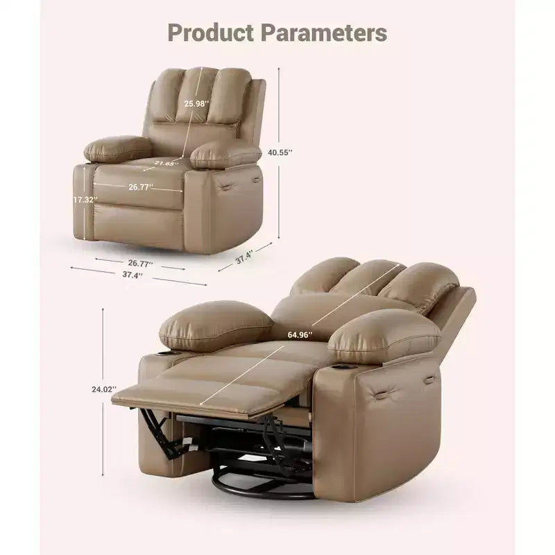 Poltrona reclinabile in pelle da 27'', oversize, imbottita, manuale, con portabicchieri e tasche laterali, per soggiorni, peso massimo 180 kg