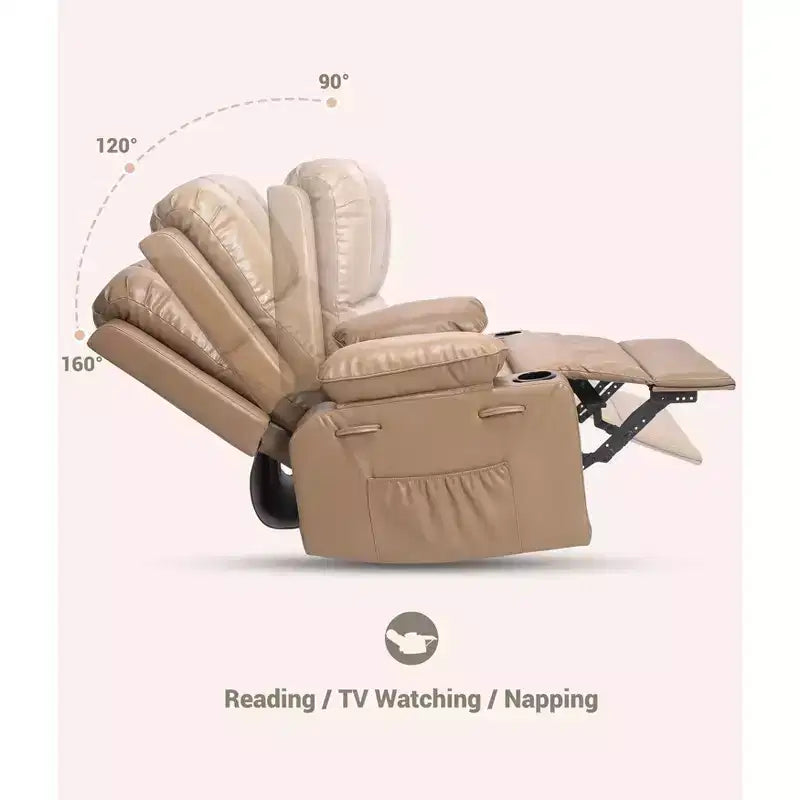Poltrona reclinabile in pelle da 27'', oversize, imbottita, manuale, con portabicchieri e tasche laterali, per soggiorni, peso massimo 180 kg