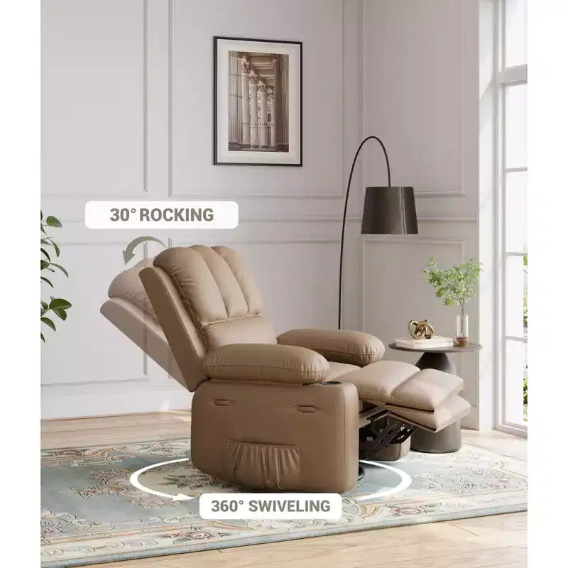 Poltrona reclinabile in pelle da 27'', oversize, imbottita, manuale, con portabicchieri e tasche laterali, per soggiorni, peso massimo 180 kg