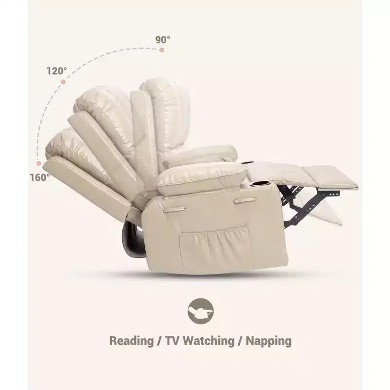 Poltrona reclinabile in pelle da 27'', oversize, imbottita, manuale, con portabicchieri e tasche laterali, per soggiorni, peso massimo 180 kg