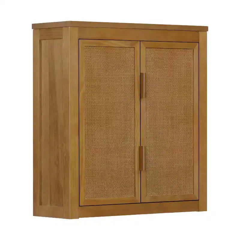 Pensile Moderno Boho a 2 Ante con Legno Massello e Dettagli in Rattan Naturale