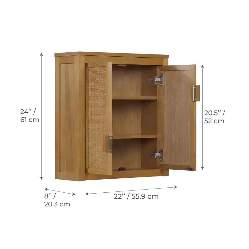Pensile Moderno Boho a 2 Ante con Legno Massello e Dettagli in Rattan Naturale