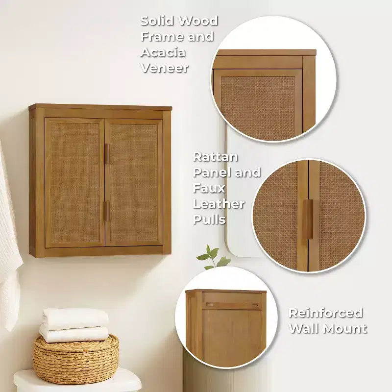 Pensile Moderno Boho a 2 Ante con Legno Massello e Dettagli in Rattan Naturale