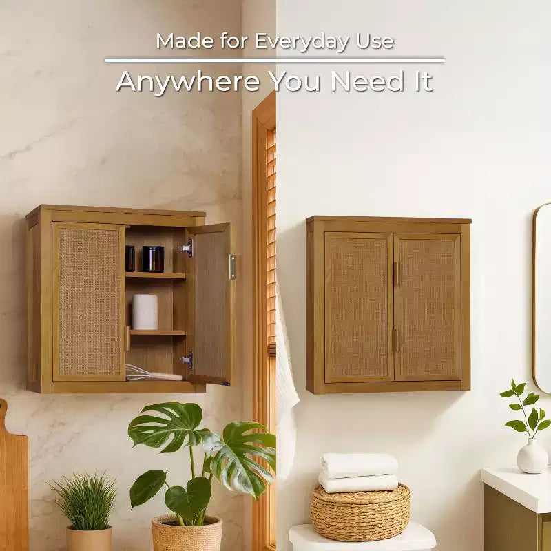 Pensile Moderno Boho a 2 Ante con Legno Massello e Dettagli in Rattan Naturale
