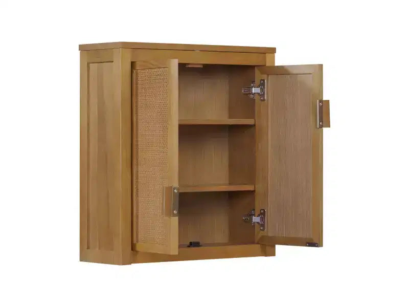 Pensile Moderno Boho a 2 Ante con Legno Massello e Dettagli in Rattan Naturale