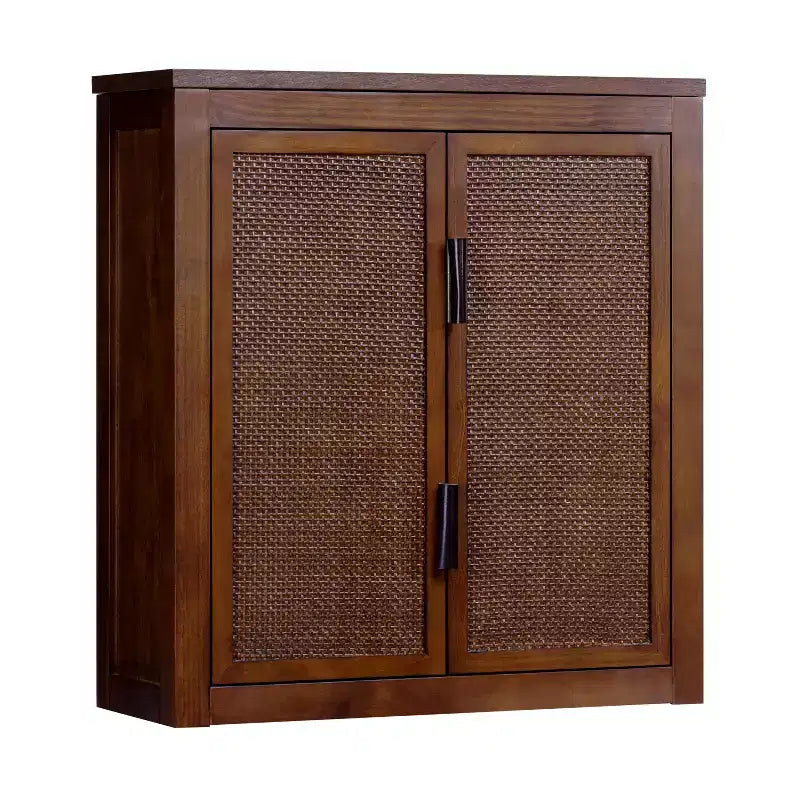 Pensile Moderno Boho a 2 Ante con Legno Massello e Dettagli in Rattan Naturale