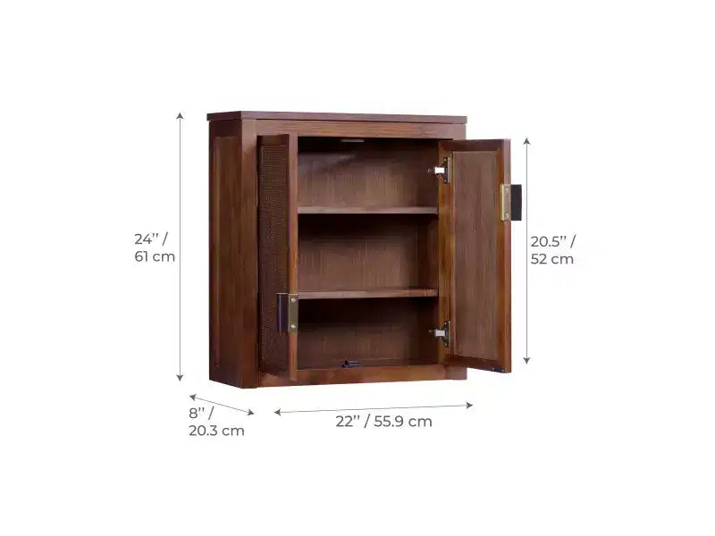 Pensile Moderno Boho a 2 Ante con Legno Massello e Dettagli in Rattan Naturale