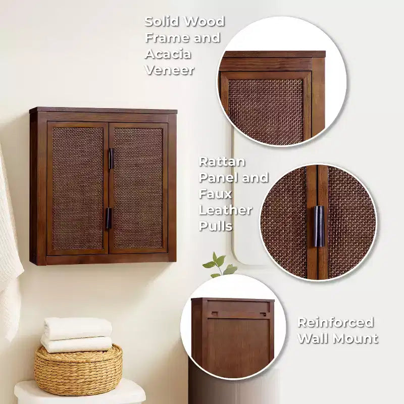 Pensile Moderno Boho a 2 Ante con Legno Massello e Dettagli in Rattan Naturale