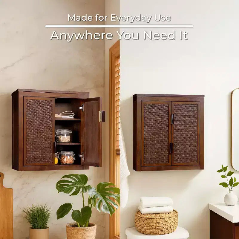 Pensile Moderno Boho a 2 Ante con Legno Massello e Dettagli in Rattan Naturale