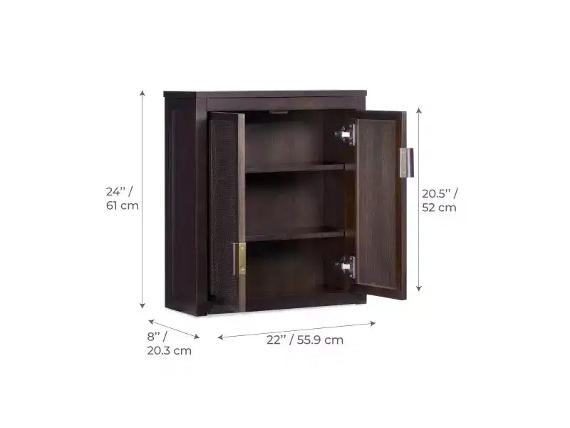 Pensile Moderno Boho a 2 Ante con Legno Massello e Dettagli in Rattan Naturale