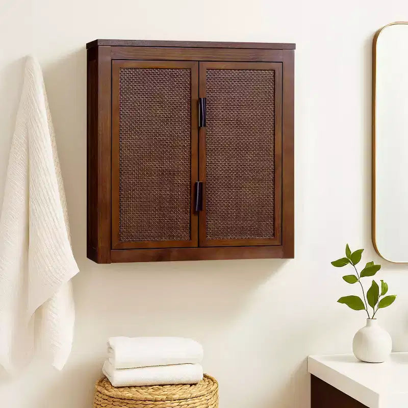 Pensile Moderno Boho a 2 Ante con Legno Massello e Dettagli in Rattan Naturale