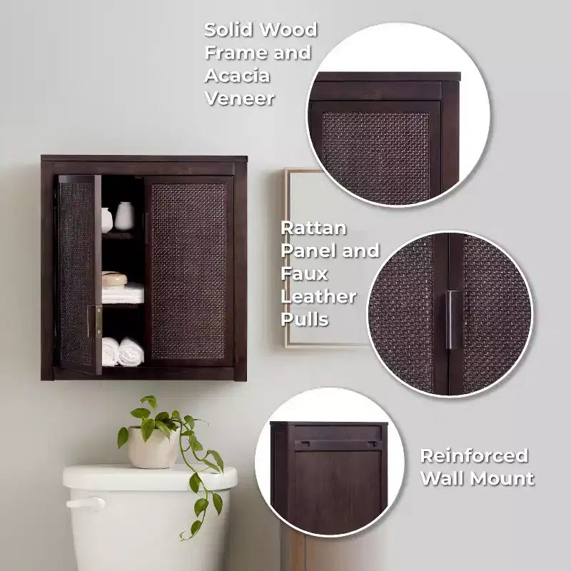 Pensile Moderno Boho a 2 Ante con Legno Massello e Dettagli in Rattan Naturale