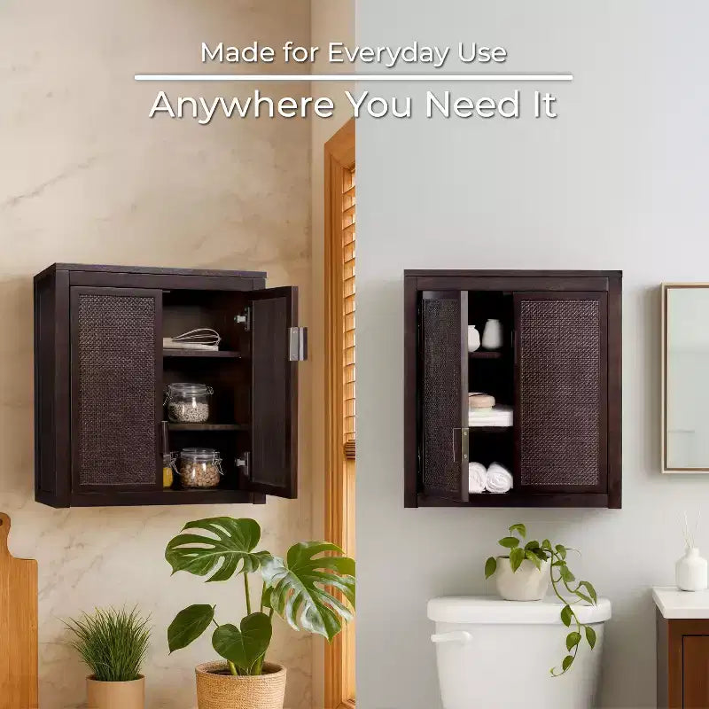 Pensile Moderno Boho a 2 Ante con Legno Massello e Dettagli in Rattan Naturale