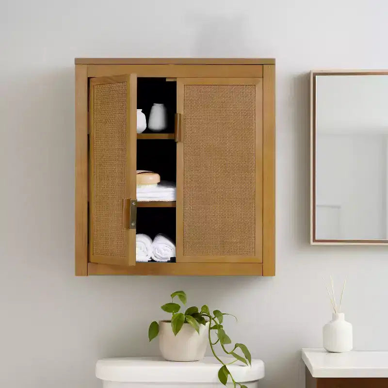 Pensile Moderno Boho a 2 Ante con Legno Massello e Dettagli in Rattan Naturale