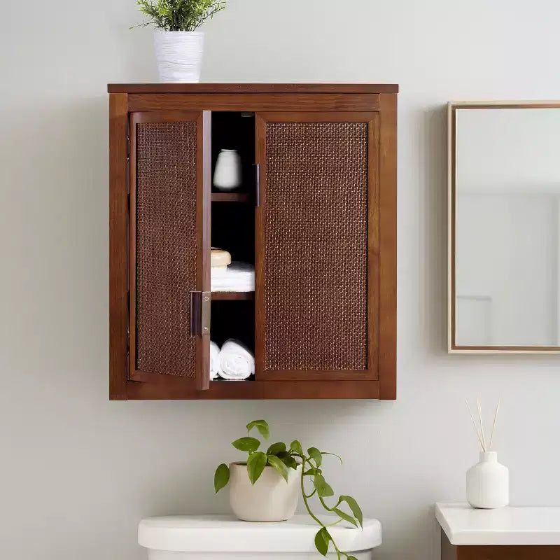 Pensile Moderno Boho a 2 Ante con Legno Massello e Dettagli in Rattan Naturale