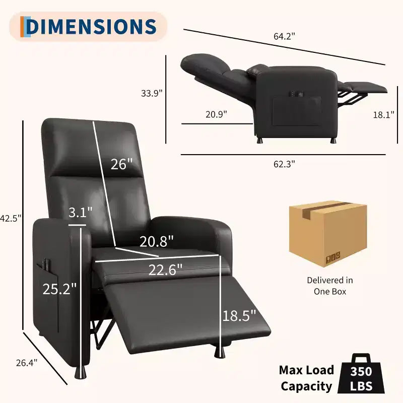 Poltrona reclinabile, reclinabile regolabile ergonomica imbottita, schienale alto, seduta imbottita, 2 tasche laterali, seduta home theater per soggiorno